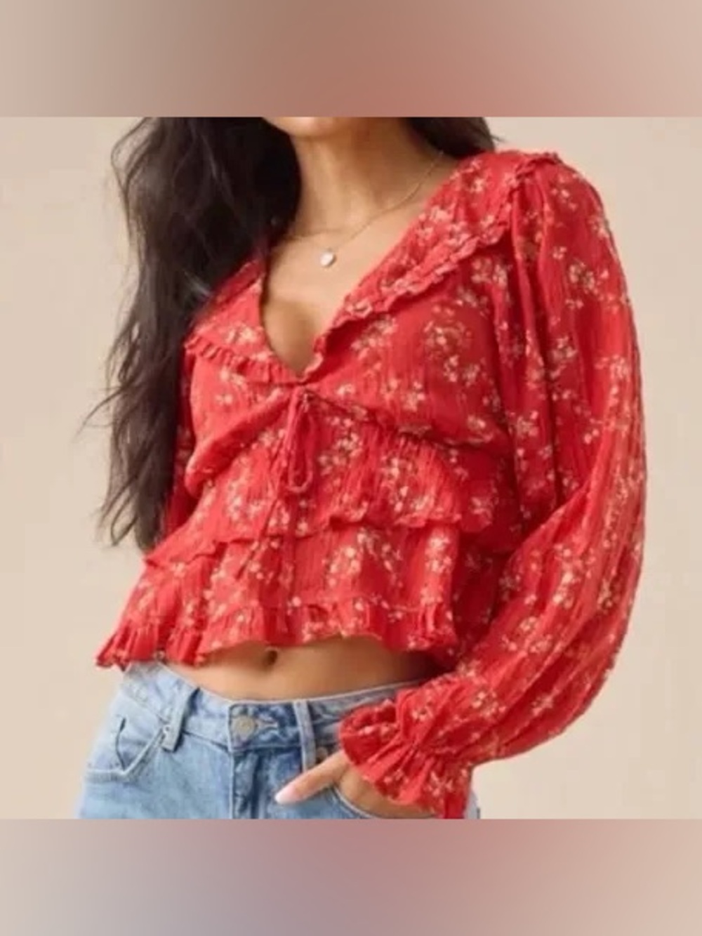 Altar’d State Red Floral Ruffled Babydoll Cottagecore Romantic Top Size Small